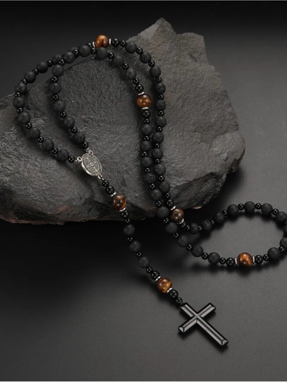 Rosary Necklace with Black Volanic Rock and Tiger’s Eye Stone